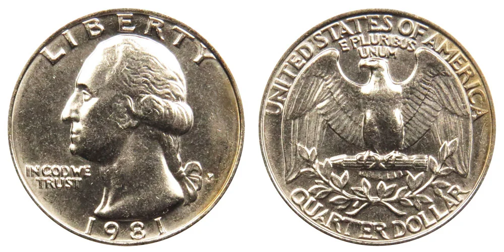 Group of 1981 Washington quarters showing range from worn circulated condition to gem uncirculated proof specimens